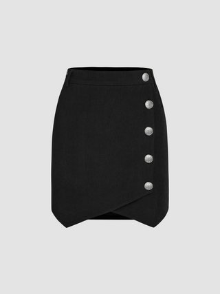 Middle Waist Solid Button Zip Mini Skirt