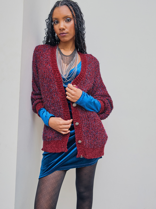 Metallic V-neck Solid Button Cardigan