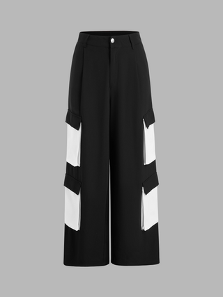 Mid Waist Zipper Wide Leg Cargo Trousers