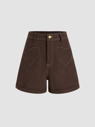 Middle Waist Solid Heart Button Shorts