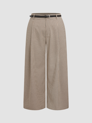Middle Waist Geometric Pocket Wide Leg Trousers With Belt Curve & Plus