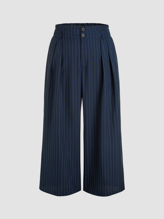 Middle Waist Striped Pleated Button Trousers Curve & Plus
