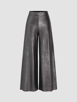 Metallic High Waist Zipper Wide Leg Trousers
