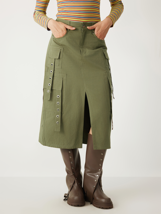 Middle Waist Solid Belt Split Midi Skirt