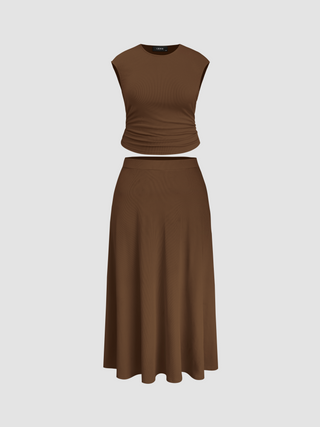 Jersey Round Neckline Ruched Top & Elastic Waist Maxi Skirt Set Curve & Plus