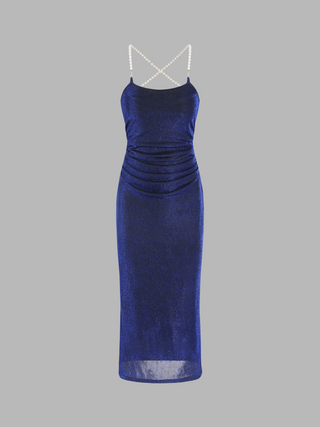 Metallic Backless Faux Pearl Chain Midi Dress