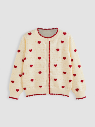 Round Neck Heart Contrasting Binding Cardigan Curve & Plus
