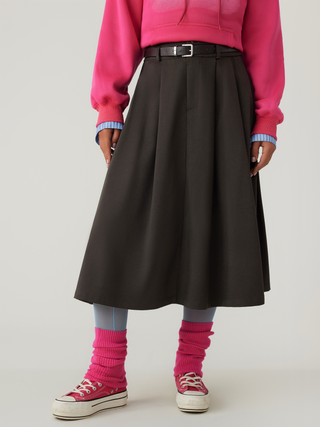 Middle Waist Solid Pleated Belted Maxi Skirt