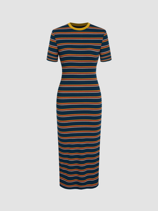 Round Neck Stripe Split Midi Dress