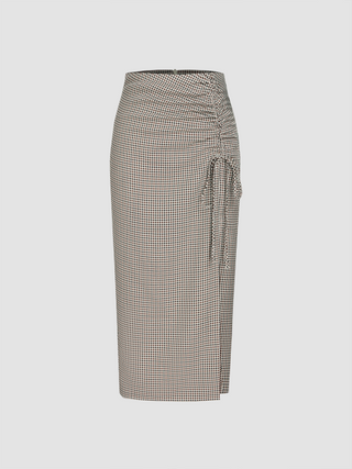 Middle Waist Check Split Maxi Skirt