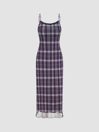 Mesh Scoop Neckline Check Backless Maxi Dress