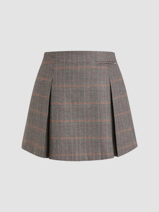 Mid Waist Check Zipper Pleated Mini Skirt Curve & Plus