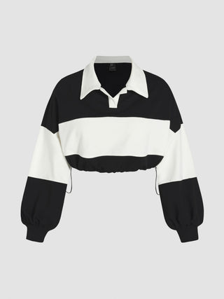 Jersey V-neck Striped Crop Sweatshirt Curve & Plus