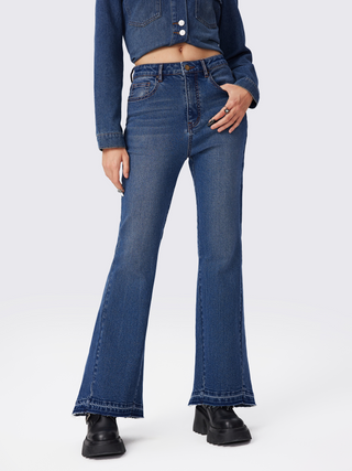 Middle Waist Solid Pocket Flared Jeans