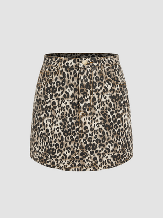 Middle Waist Leopard Zipper Denim Skirt