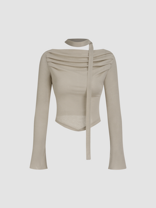 Ribbed Off-shoulder Bell Sleeve Top & Scarf