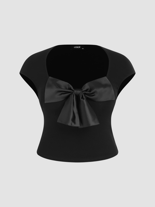Jersey Square Neck Bowknot Short Sleeve Top Curve & Plus
