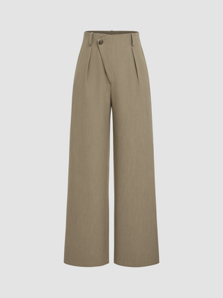 Mid Waist Solid Pleated Straight Leg Trousers
