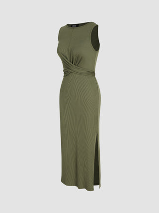 Rib Round Neck Belted Split Midi Dress