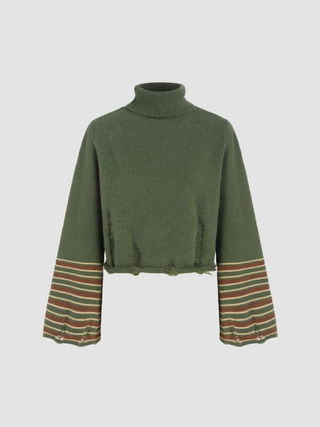Knit High Neck Stripe Ripped Bell Sleeve Top