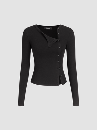 Ribbed Button Long Sleeve Top