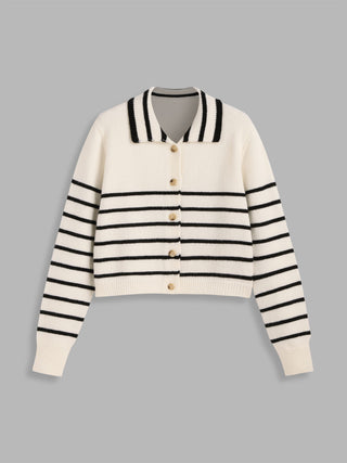 Knit Collar Stripe Button Cardigan
