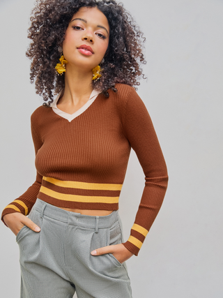 Knit Contrasting Binding Long Sleeve Top