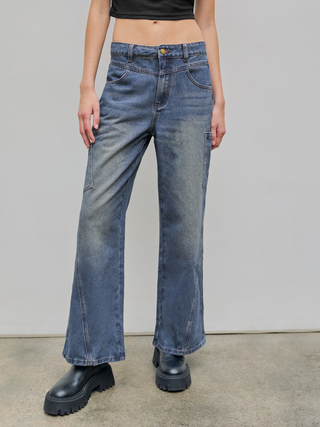 Mid Waist Solid Cargo Button Wide Leg Jeans