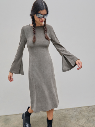 Rib Round Neck Solid Backless Bell Sleeve Midi Dress