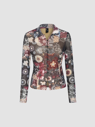 Mesh Collar Abstract Graphic Long Sleeve Blouse