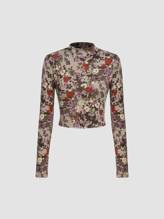 Rib High Neck Floral Long Sleeve Top
