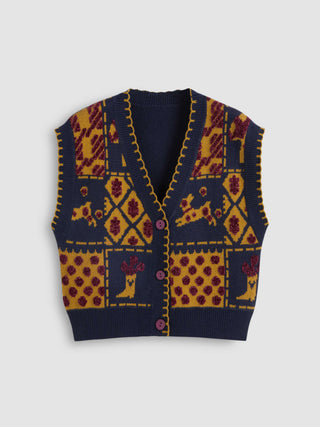 Knit V-neck Graphic Contrasting Binding Button Vest