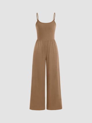 Ribbed Scoop Neck Solid Wide Leg Jumpsuit