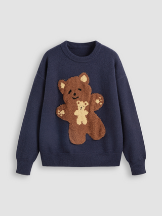 Round Neck Fleece Bear Knitted Long Sleeve Top