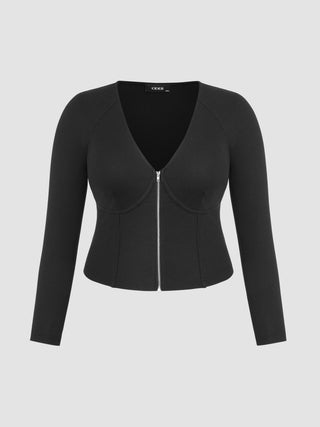 Rib V-neck Solid Zipper Long Sleeve Top Curve & Plus