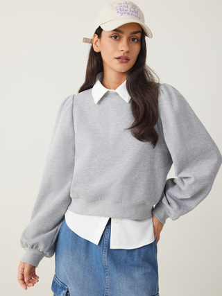 Knit Round Neck Puff Sleeve Sweatshirt