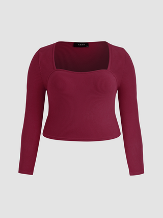 Jersey Square Neck Solid Long Sleeve Top Curve & Plus
