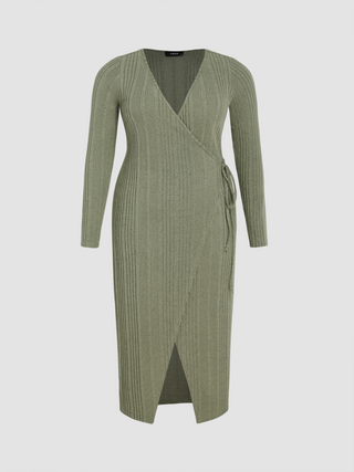 Rib V-neck Solid Bowknot Wrap Maxi Dress Curve & Plus