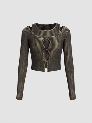 Round Neck Button Knitted Long Sleeve Top