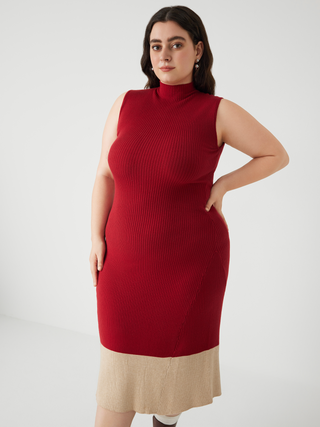 Rib High Neck Mermaid Ruffle Midi Dress Curve & Plus
