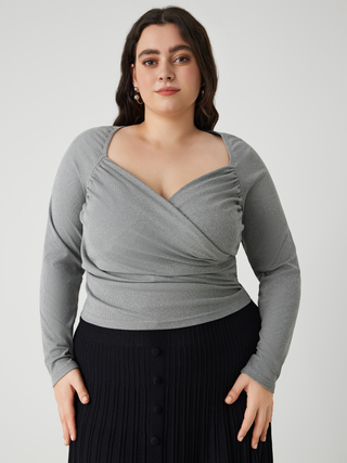 Jersey V-neck Ruched Solid Long Sleeve Tee Curve & Plus