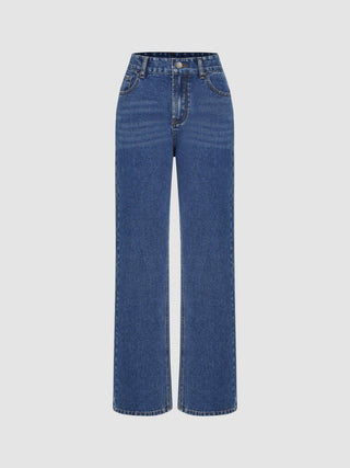 Middle Waist Solid Pocket Straight Leg Jeans