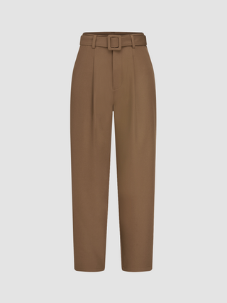 Mid Waist Solid Pleated Belted Tapered Trousers