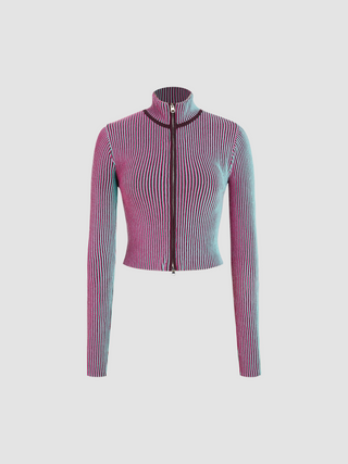Knit High Neck Stripe Zipper Cardigan