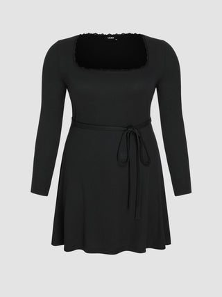 Jersey Square Neck Solid Ruffle Belted Mini Dress Curve & Plus