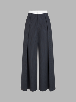 Mid Patchy Waist Stripe Ruffle Wide Leg Trousers