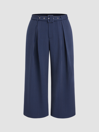 Mid Waist Striped Wide Leg Trousers With Belt Curve & Plus