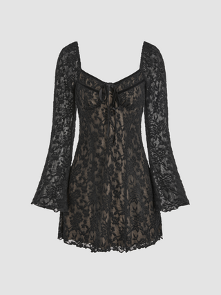 Lace Square Neck Bowknot Bell Sleeve Mini Dress