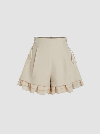 Middle Waist Solid Lace Up Ruffle Hem Shorts