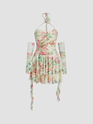 Mesh Halter Neck Tie Dye Rosette Ruffle Mini Dress